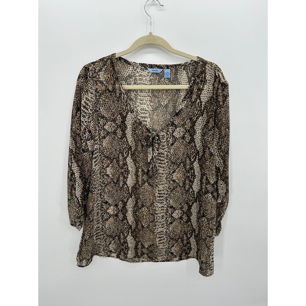 IZOD Womens XL Snakeskin Animal Print V-Neck Tie Blouse Brown 3/4 Sleeve Top